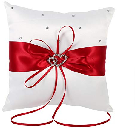 Tyenaza Wedding Ring Pillow, 8 x 8 Inch Wedding Ring Bearer Pillow Red Ring Holder Pillow Cushion with Bowknot Stain Double Hearts Diamonds for Wedding Ceremony