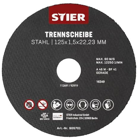 Disques à tronçonner STIER, acier, 125 x 1,5 x 22,23, forme 41, droits, 25 pièces 25 pièces