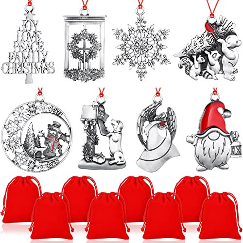 Zhengmy 8 Stück solide Zinn Metall Weihnachtsbaum Ornament Zwerge Weihnachtsmann Schneeflocke Engel dekorative hängende Ornamente Weihnachtsgeschenke mit rotem Kordelzug Taschen für Urlaub Party