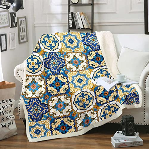 Homewish Coperta a medaglione orientale Sherpa vintage patchwork coperta, coperta floreale persion per sedia, stile bohémien, mandala, coperta in pile con doppia dimensione estetica in peluche