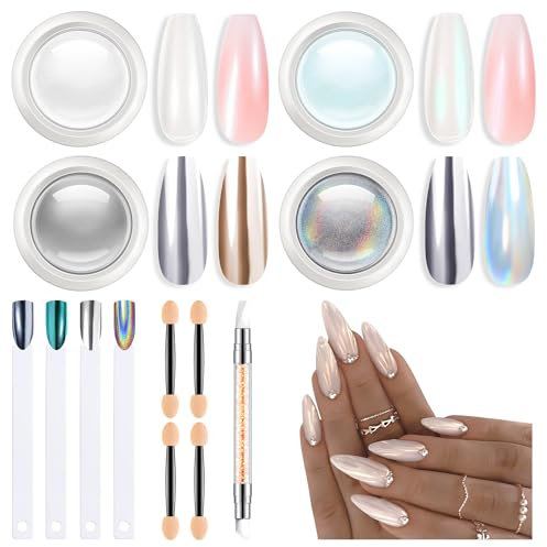 MODELONES Perle Poudre Ongles Blancs, 13PCS Vernis avec 4 Fards Poudre & Métaux Brillants, 4 Nuanciers Ongles, 4 Palettes Yeux, 1 Stylo Détail