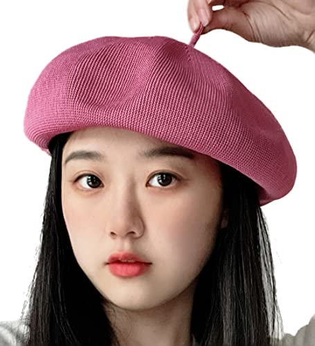 JOYHY Damen Sommer Großer Kopf Atmungsaktiv Stricken Französisch Barette Hüte Gummi Pink
