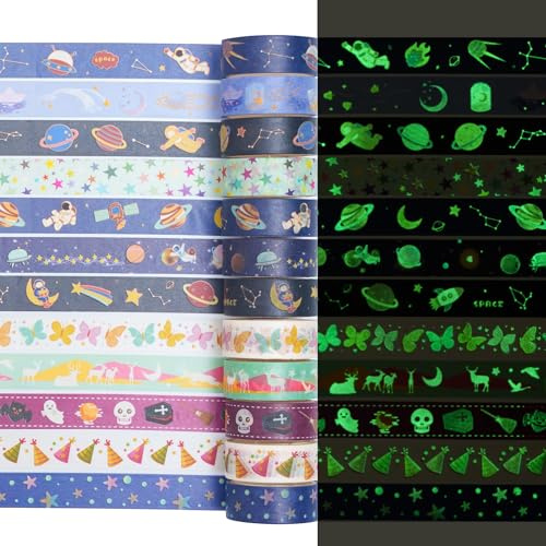 YUBX 12 Rollen Leuchtendes Washi Tape Set Masking Tape Fluoreszierendes Dekoratives Klebeband Bunt für DIY Handwerk Bullet Journals Planer Scrapbooking Verpackungook, Wrapping