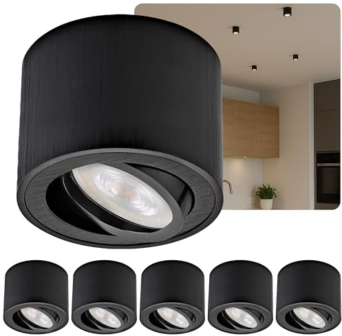 Sweet Led 6x Aufbauspot Schwarz Flach Ø80x50mm Aluminium – inkl. Wechselbares (5W Warmweiß 3000K) 230V LED-Modul– Aufputz schwenkbar - Deckenspots, Aufbaustrahler, Deckenstrahler