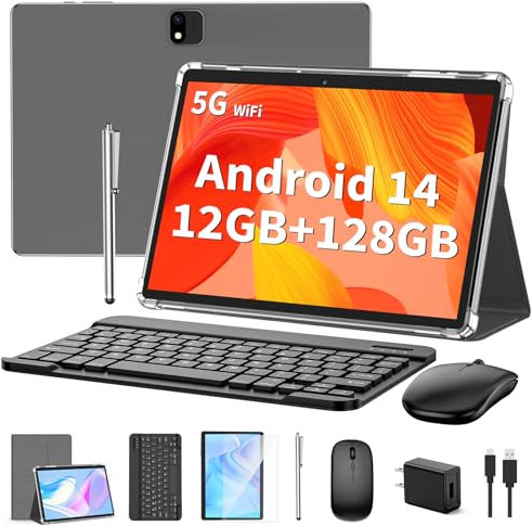 QDDQ Tablette Android avec clavier, tablette Android 14, 12(6+6) GB+128Go, extension 1TB, 2 en 1, souris, stylet, batterie 8000mAh, WiFi 2.4G/5G, GPS, étui argent
