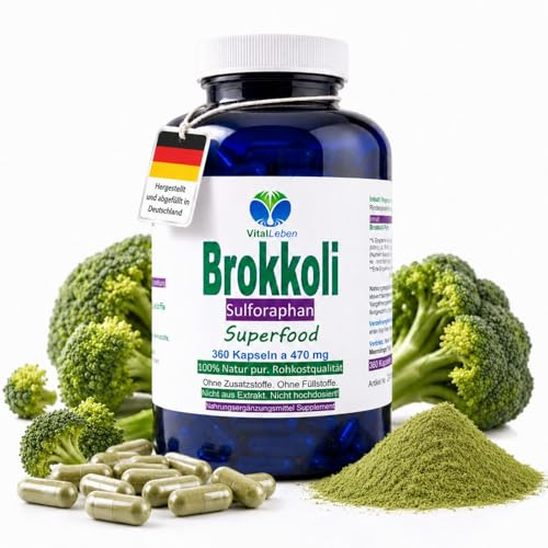 BROKKOLI 360 Kapseln Sulforaphan & Indol-3-Carbinol naturdosiert - kein EXTRAKT. ANTIOXIDANTIEN, VITAMINE, MINERALIEN, sekundäre PFLANZENSTOFFE. Natur pur. OHNE ZUSATZSTOFFE. 26820-360
