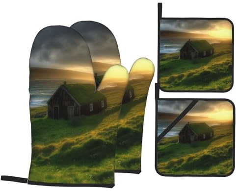Iceland Hut Grass Coast Sea Sun Rays Print Oven Mitts and Pot Holders 4 Piece Set Heat Resistant Non-Slip Oven Gloves and Hot Pads for Kitchen Baking Cooking BBQ