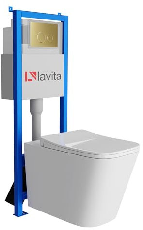 lavita LAV 101 Elemento de Pared para Inodoro 40 cm + Inodoro suspendido suspendido MAIO Blanco sin Borde + Panel de Control LAV 200.4.5 Dorado | Conjunto Completo | Cisterna empotrada | Juego