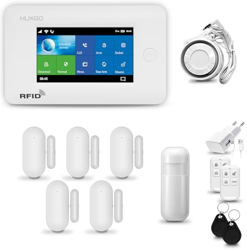 HUXGO® HXA006 Funk Alarmanlage Set WiFi + GSM 4G mit Sirene | Alarm System mit Bewegungsmelder, 5X Tür- Fenstersensor, Fernbedienung | Wohnmobil Alarmanlage | Smart Home Security