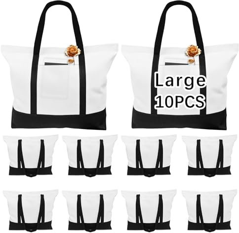 OKBA 10 PCS Stylish canvas tote bags for women,blank large size tote bag With zipper,sublimation tote bag with pockets (Black/white*10PCS)