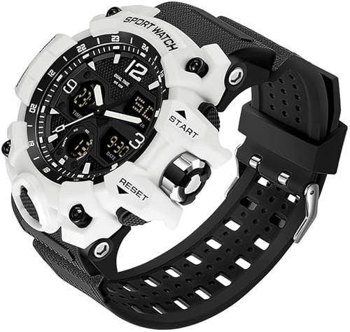 findtime Militär Armbanduhr Herren, Analog Digital Sportuhr mit Alarm/Stoppuhr/ZweiZeitzonen/LED Harzarmband Laufuhr