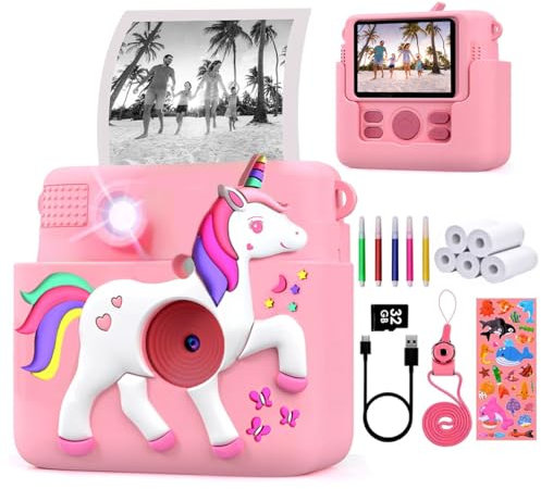FUNKAM Appareil Photo Enfant Instantanée, HD 1080P, avec Carte SD 32 GB, Housse Licorne, 5 Marqueurs, Autocollants, 5 Rouleaux de Papier, Pendentif. Appareil Photo Enfants. (Rose)