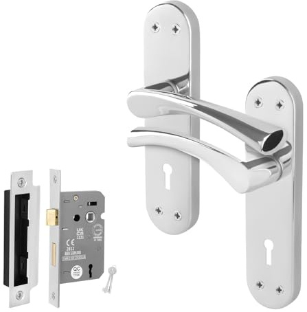 EAI Polished Chrome Door Handles with Sash Lock 64mm - Novoli | Complete Sash Lock Kit with 1 Pair of T-Bar Lever on Backplate Door Handles, 64mm Sash Lock, Fixings Included