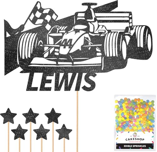 Personalised F1 Motor Racing Car Glitter Cake Topper - Black Custom Age & Name Glitter Cake Decoration and Sprinkles - Happy Birthday Decorations - Personalised Toppers for Cakes by Cakeshop