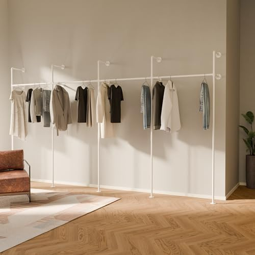 pamo Kleiderstange Wandmontage 400 kg Traglast – Offener Kleiderschrank | Industrial Kleiderständer Weiß aus Metall Wasserrohren - Stabil & Robust
