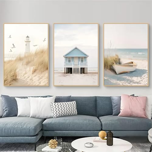 Uixxducc 3er Strand-Szenerie Poster Set - Aesthetic Strand, Schilf, Pampasgras Bilder, Wandbilder Wohnzimmer Schlafzimmer Boho Art Wanddeko ohne Rahmen (50x70cm,A)