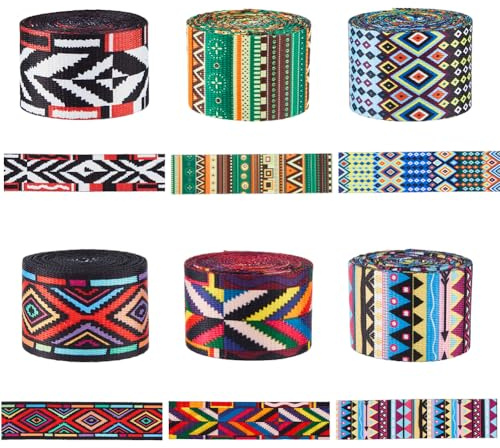 SUPERFINDINGS 6 Rolle 12 Yards Vintage Jacquard Bandbesatz 6 Farben Ethnische Stickerei Spitzenbesatz Fransen Boho Für DIY Kleidung Accessoires Verzierungen Dekorationen Hochzeit Geschenkverpackung