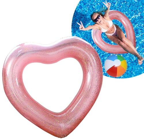 Aufblasbarer Schwimmring für Erwachsene, 120 cm, glitzernde Herzform, aufblasbarer Poolschwimmer mit Pailletten, transparenter Schwimmring, Schwimmring für Mädchen, Frauen, Strand, Sommer, Pool-Party