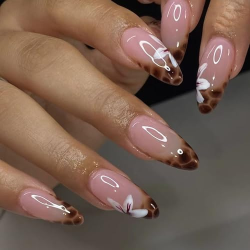 24PCS Almond False Nails - Leopard Print Press on Nails - Elegant French False Nails with Orchid pattern - Nails with Glue Glossy Full Cover Removable Nail Art Gifts for Women