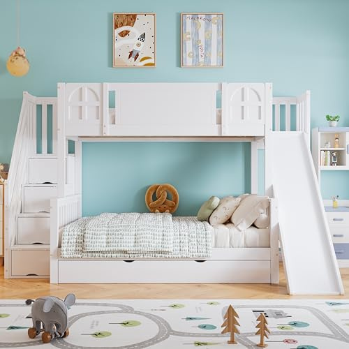 Dolamaní Etagenbett 90x200 cm Kinder 2 Bett, Hochbett mit Treppe-Sicheres Geländer und Rutsche, Kinderbett Mit Fenster, Schließfächer und Schubladen (Weiß)