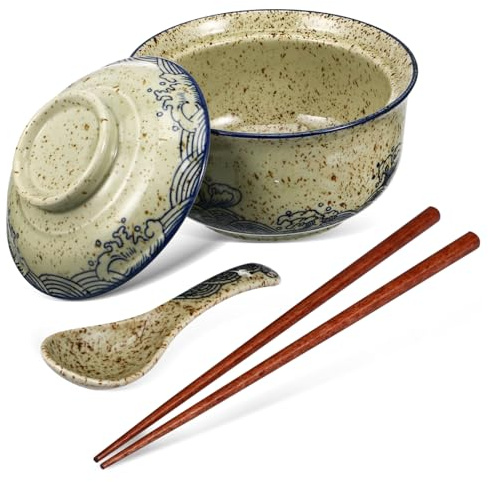 Zerodeko 1 Set Ciotole Ramen con Bacchette e Cucchiaio Scodella per Zuppa e Noodles Design Conservazione Ottimale Della Temperatura per Pranzi e
