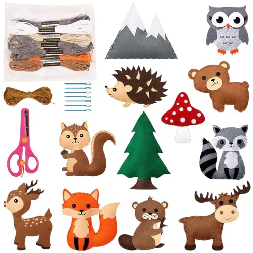 COKWEL 12 Stück Filz Nähset Kinder, Animals Sewing Kit, DIY Nähen Bastelset, Kiddy Wunder Nähspaß, Kreatives Nähset für Kinder ab 6 Jahre, Filzset, Waldtiere Sewing Kit