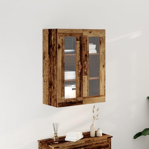 Qnhdfrt Buffetschrank mit Glastüren aus Massivem Alt Holz Landhausstil 69,5x34x90 cm Braun Esszimmer Wohnzimmer Vitrinenschrank für Geschirr und Deko