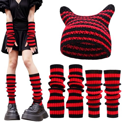 Utensilsto Y2k Wintermützen mit Katzenohren,Stricken gestreifte Arm-und Beinwärmer,modische Y2k-Accessoires,Outdoor-Aktivitäten für Frauen und Mädchen(Schwarz + Rot)