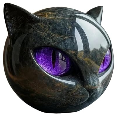 Scultura in pietra raffigurante un gatto nero, cristalli intagliati a mano e pietre curative intagliate, elegante oggetto d'arredo per la casa e opera d'arte pronta per essere regalata (Viola)