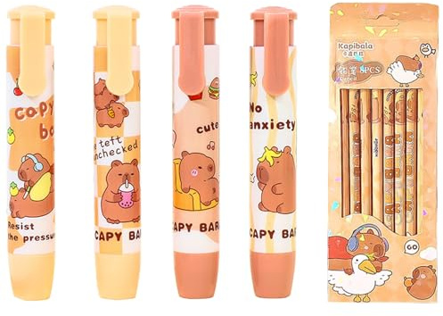 ZenyTra Einziehbarer Capybara Radiergummi 4er Set + 8 Bleistifte - Druckradierer für Schule & Büro (Tier Motiv) ，Give Aways Kindergeburtstag Geschenke