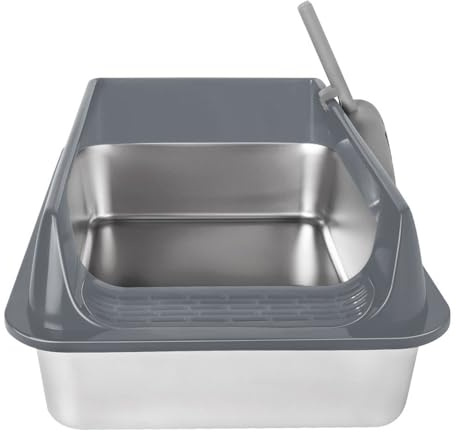 Katzenklo Edelstahl XL, Katzentoilette Edelstahl 30L Groß Kapazität Auslaufsicher mit Hohem Rand, Offene Katzenklo mit Streuschaufel (Grau, 50x35x24 cm, XL)