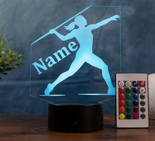 Optechvisual Speerwurf Lampe personalisiert – LED Nachtlicht mit Name | Leichtathletik Geschenk für Frauen & Mädchen | Javelin Throw Light Sport Deko Kinderzimmer & Vereinsheim