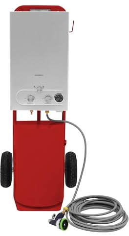 Portable Horse Shower With Steel Trolley Red 18L Tankless Instant Hot Water Gas Boiler LPG Heater 10m Water Hose & 9-Pattern Spray Gun Camping Outdoor 10 Tyres Storage Tray Side Hook & Accessories