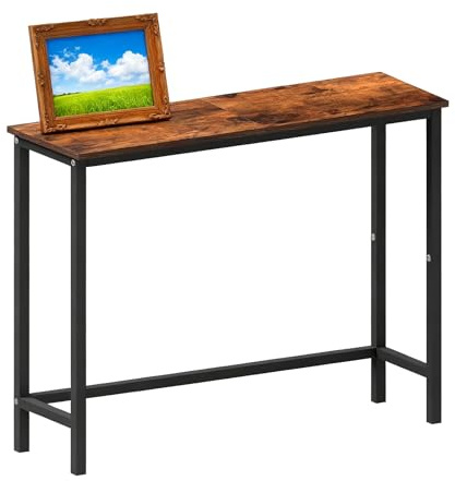 Tavolo da console in metallo stretto con display, tavolo di ingresso sottile per soggiorno, camera da letto, corridoio, design industriale, finitura marrone rustica