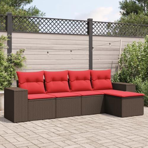 LoogCape 5-teiliges Gartensofa-Set, braun, aus robustem Polyrattan, UV-beständig, mit roten Kissen, modular, für Terrasse, Balkon, Gartenmöbel, Outdoor-Lounge-Möbel, pflegeleicht