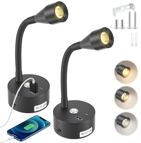 Eirolace 2 Stücke Wohnmobil Leselampe mit USB A+C-Ladegerät, 12V LED Wandlampe Spot Dimmbar DREI Farbtemperaturen, Schwanenhals Flexible Wandleuchte für Camper Van Caravan Boat Yacht (Schwarz)