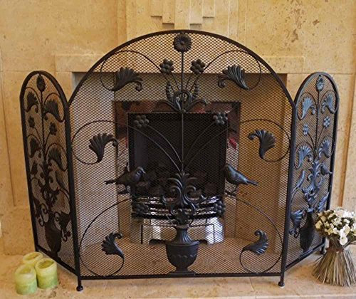 Decorative Bird Leaf Scroll 3 Fold Fire Screen Spark Guard