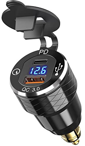 Qidoe Presa DIN a USB C per Moto BMW: Metallo Doppio USB Adattatore Prese Din Accendisigari con Display Voltmetro Ricarica Rapida per 12-24 Volt Motocicli Europei Ducati/Triumph/BMW
