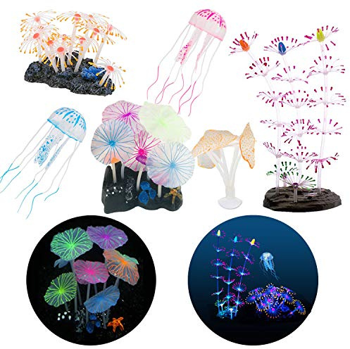 N|A Cayway 6 Stück Aquarium Wasserpflanzen - Leuchtende Dekoration Mit Künstlichen Quallen, Glühende Silikon Pilze für Simulation Hydroponic Plants