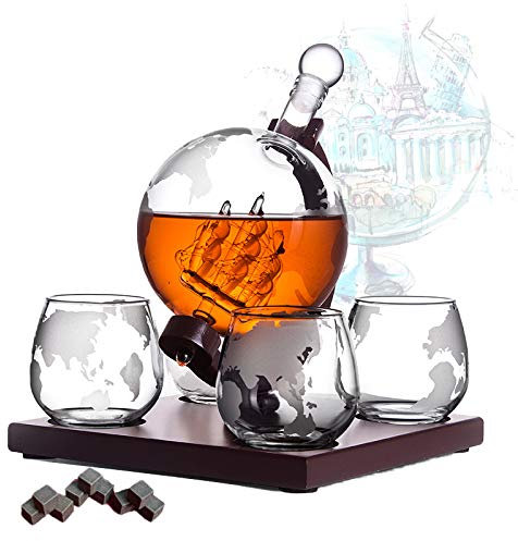1000ml Whiskey Globe Decanter, Antique Sailing Ship Wine Decanter with Ice Tartar Stones and 4 Glasses Cup, Best Gift for Husband