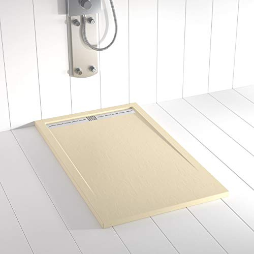 Plato de ducha resina FLOW desagüe lineal frontal color Crema 80x70 textura pizarra antideslizante rejilla inox con válvula