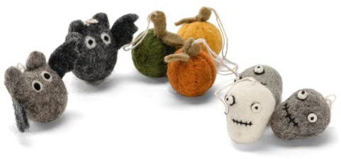Gry & SIF handgemachtes Halloween-Deko Set aus Filz, Herbstdeko, Halloweendeko zum Aufhängen mit Totenköpfen, Fledermäusen und Deko-Kürbissen | Halloweenanhänger 8er Set