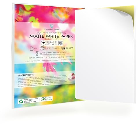 Evergreen Goods Lot de 30 feuilles de adhésif papier autocollant blanc mat A4 | imprimables à jet d'encre et au laser | Fabrication d'autocollants, artisanat, machines de trace, étiquettes de produit