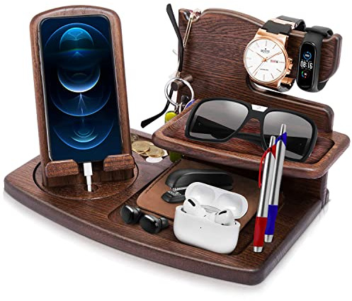 Geschenke für Männer Weihnachten Holz Telefon Dockingstation Uhren Geldbörsen Nachttisch Organizer Geburtstag Geschenk Papa, Geburtstagsgeschenke für Männer oder Vater Schreibtisch Organizer Holz