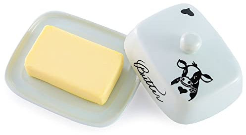 Butterdose mit Griff für 250g Butter, Hochwertige Keramik, Weiß mit Schwarzem Kuhkopfmuster, Porzellan, Klassische Butterdose Butterglocke Butterschale Butterbehälter Butterbox, Spülmaschinengeeignet