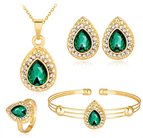 Bröllopsbrud bröllop vattendroppe kristallhalsband örhängen armband ring set guld brud hjärta hänge kraghalsband smycken för kvinnor och flickor, Guld Metall Ädelsten Silver, Strass