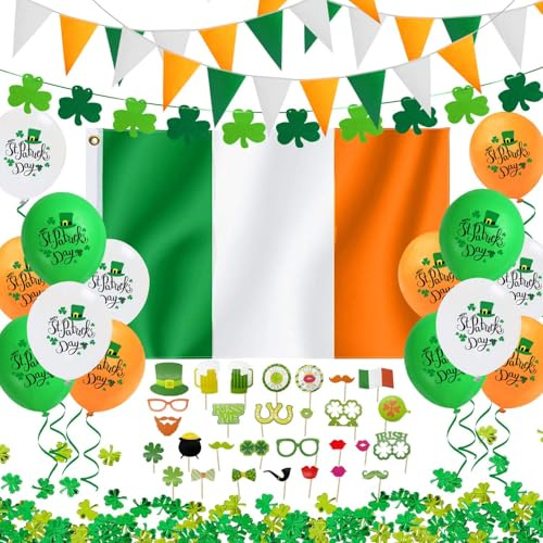 iZoeL St Patricks Day Decorations St Patricks Day Accessories, Irish Flag Bunting St Patricks Day Photo Booth Props Shamrocks for Home Bar Irish Paddy's Day Outside Party Decoration