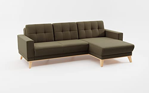 CAVADORE Ecksofa Lima mit Longchair / L-Form-Couch mit Wellenfederung, Holzrahmen + Steppung im Rücken / Strukturstoff, Grün
