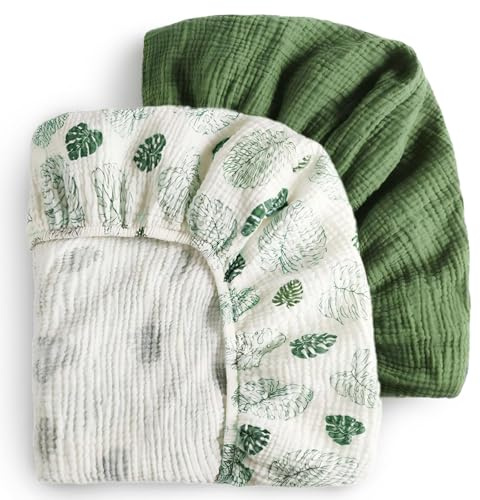 Blissful Diary Muslin Crib Sheets for Girl Boy, Boho Neutral Soft Cotton Baby Sheet for 52''x28'' Standard Crib Mattress, 2 Pack(Monstera&Dark Green)