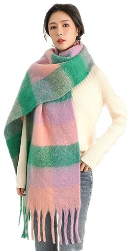 Wambere Damen Schal, Kariert übergroßer Winter SchaltuchKaro Schultertuch Plaid Deckenschal Modeschal Weich Warm Strickschal Oversized Herbstschal Warme Winter Stola mehrfarbig,Lila Rosa Grün